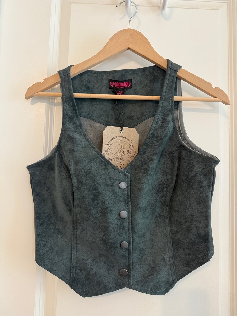 Rock & Roll Denim Slate Green Faux-Suede Button Crop Top